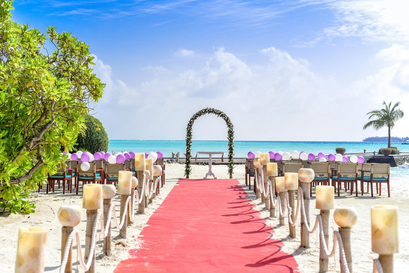 A scenic tropical beach wedding setup with a red carpet aisle and ocean views, perfect for destination weddings. Baraat on Wheel
